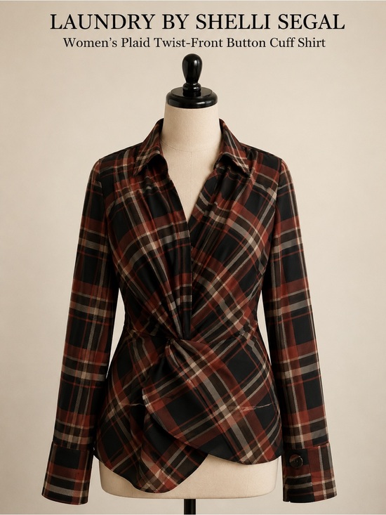 Laundry By Shelli Segal Tops - Laundry By Shelli Segal Black and Brown Plaid Twist-Front Blouse